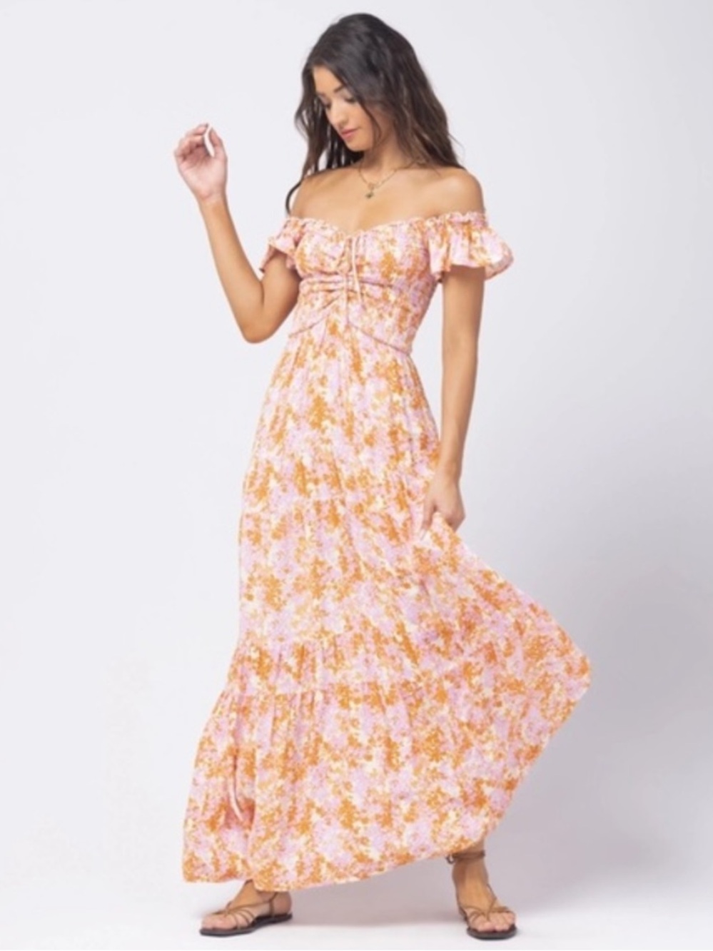 l*space Lucia Pink and Orange Floral Off-Shoulder Maxi Dress